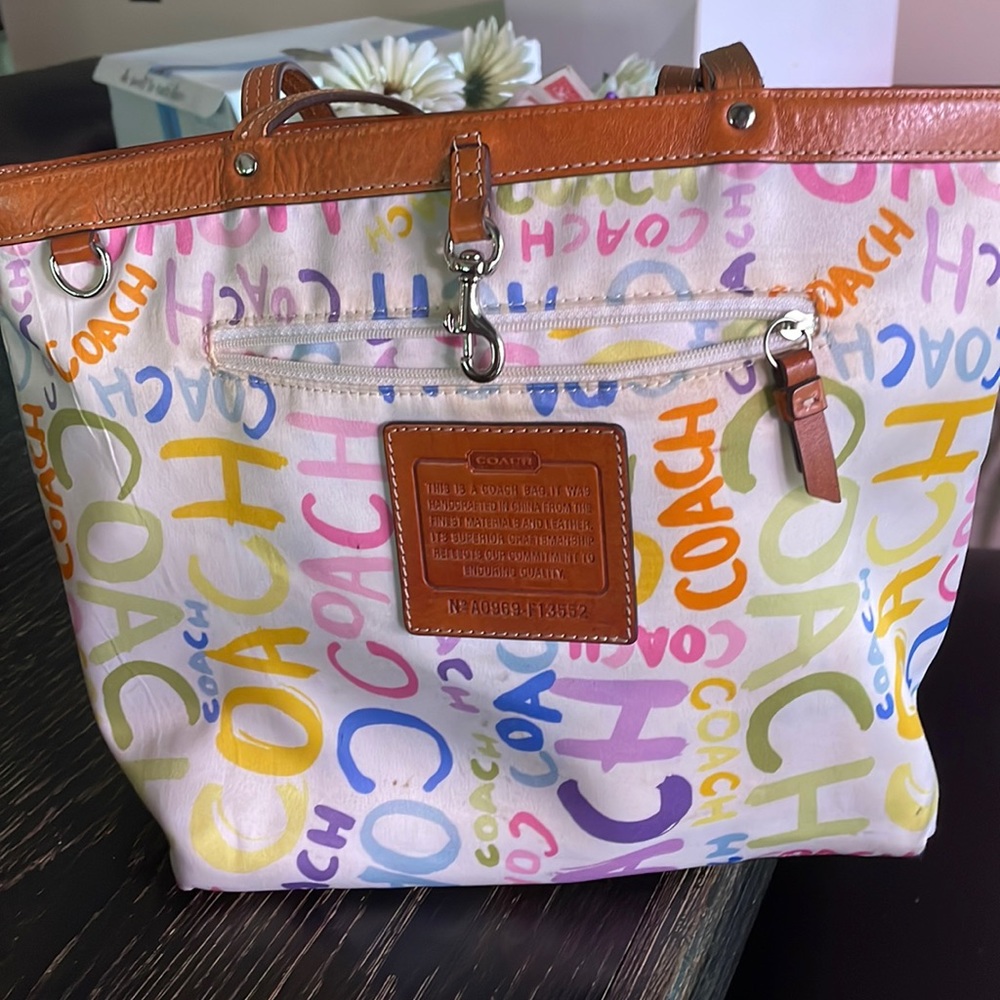 Colorful fabric with real leather handles and trim. Open to reasonable offers